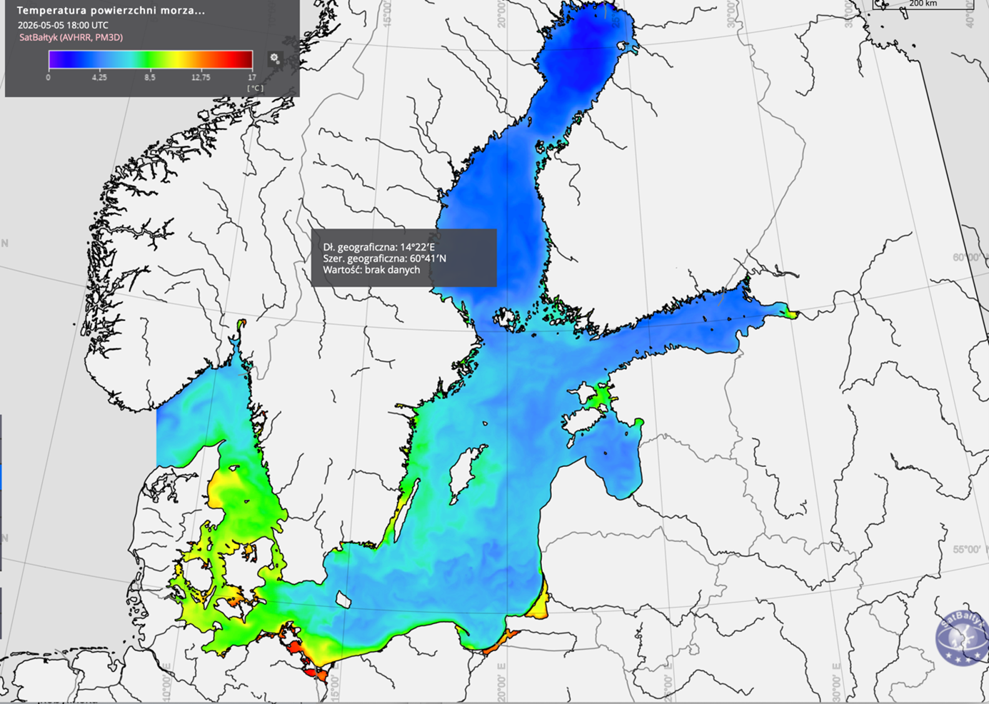 Mapa Morza Bałtyckiego z danymi satelitarnymi